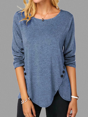 Spring And Summer Hot Style Irregular Button Hem Long Sleeve Round Neck T-shirt