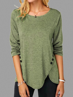 Spring And Summer Hot Style Irregular Button Hem Long Sleeve Round Neck T-shirt