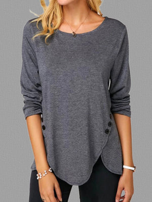 Spring And Summer Hot Style Irregular Button Hem Long Sleeve Round Neck T-shirt