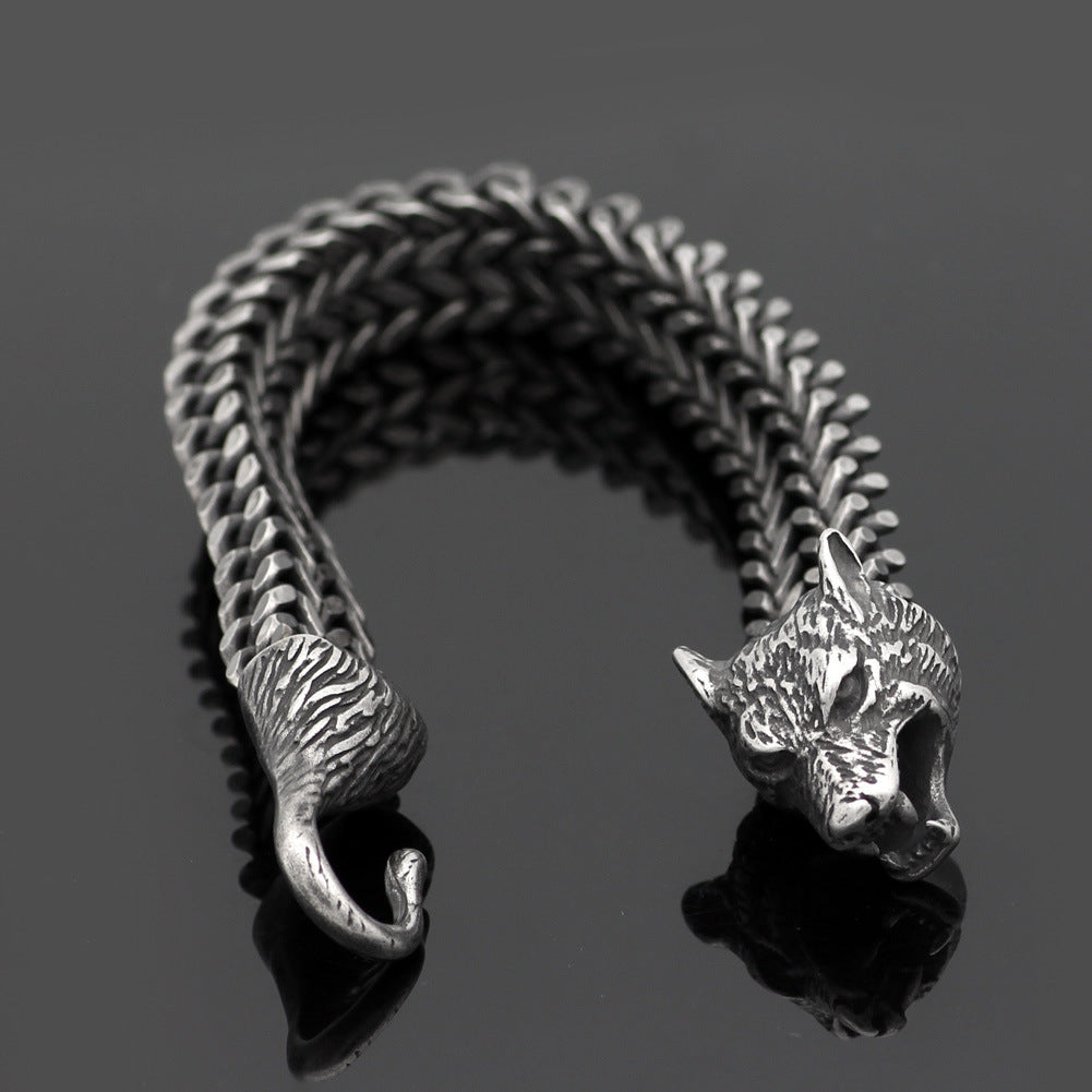 Bracelet Men Stainless Steel Vintage Black Wolf Head Cuban Chain Hand Wristband