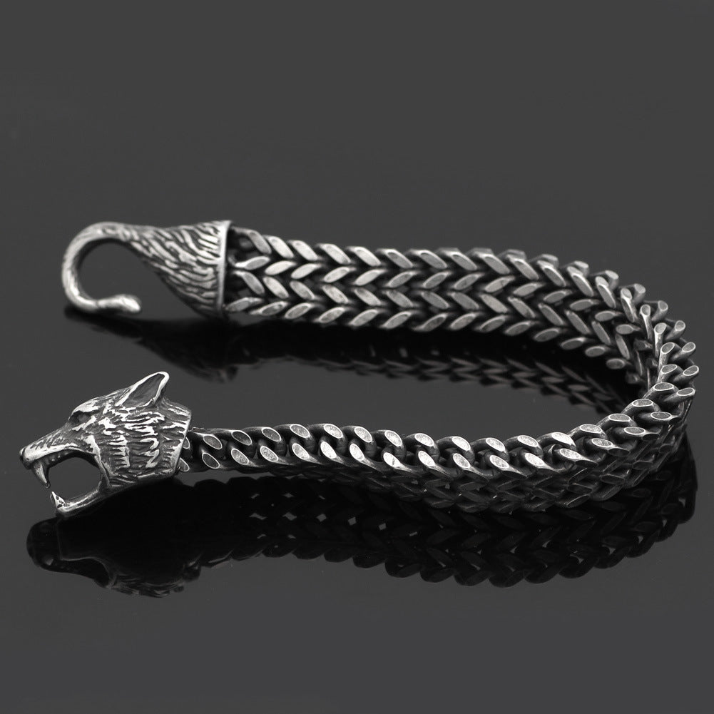 Bracelet Men Stainless Steel Vintage Black Wolf Head Cuban Chain Hand Wristband