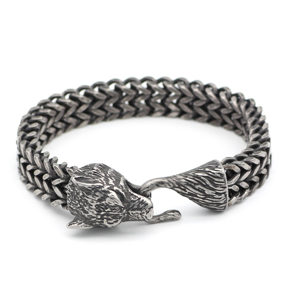 Bracelet Men Stainless Steel Vintage Black Wolf Head Cuban Chain Hand Wristband