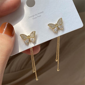 Korean Fashion Diamond Pearl Butterfly Earrings Long Tassel